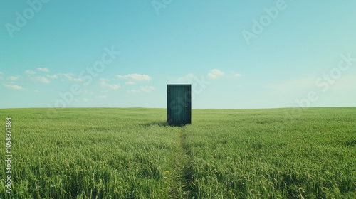 a single door standing in the middle of the green field, beautiful summer day, cinematic shot, tilt angle shot