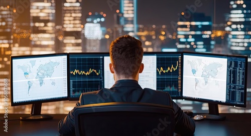 Business professional analyzing data on multiple monitors in a modern office.