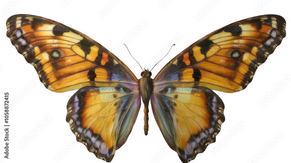 Fototapeta premium Photo of a vibrant isolated butterfly in different collors hues, highly detailed wings on a transparent background