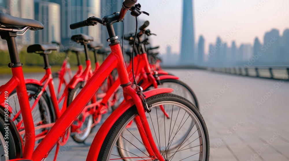 Obraz premium A row of bright red bicycles lined up along a modern city waterfront, with skyscrapers and a tower visible in the background during golden hour.