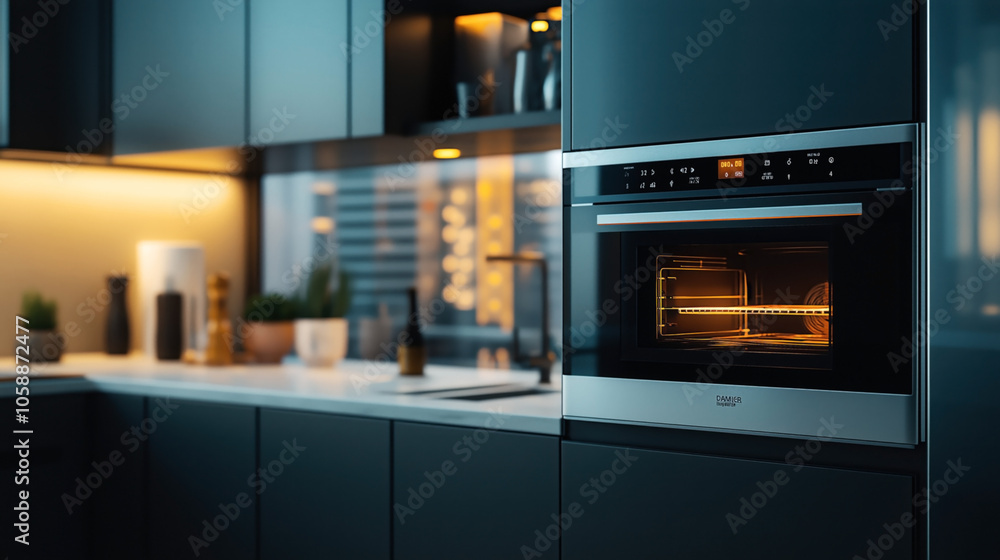 Modern kitchen with a built-in convection oven illuminated from the inside, sleek cabinetry, minimalistic design, and warm ambient lighting on the countertop. Modern kitchen with a built-in convection oven illuminated from the inside, sleek cabinetry, minimalistic design, and warm ambient lighting on the countertop.