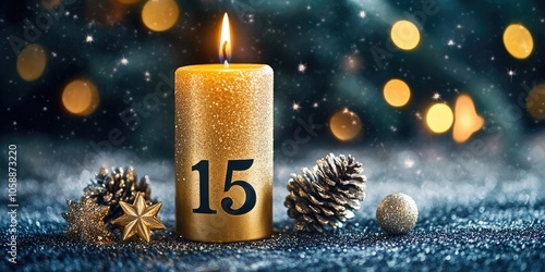 Gold Celebration Candle Number 155 set against a starry backdrop. The candle signifies a festive moment, beautifully highlighted by the sparkling starry scene. photo