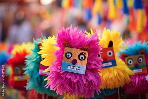 Colorful decorative masks on display at a vibrant market during a festive celebration