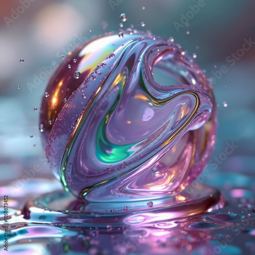 Stunning Abstract Iridescent Liquid Orb Art: 3D Glossy Design with Vibrant Fluid Colors photo