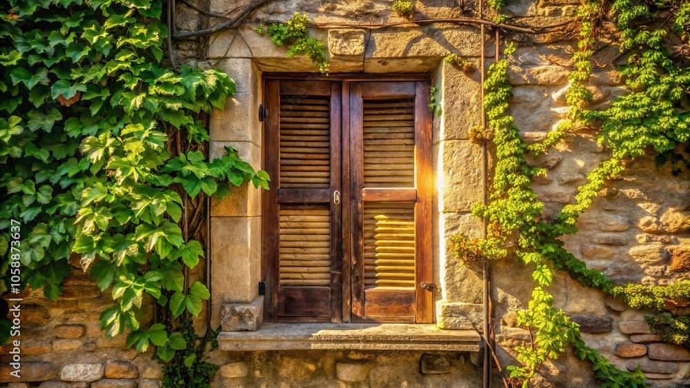 A weathered stone wall adorned with lush greenery, featuring a closed wooden window with slatted shutters, a symbol of quiet solitude and rustic charm. A weathered stone wall adorned with lush greenery, featuring a closed wooden window with slatted shutters, a symbol of quiet solitude and rustic charm.