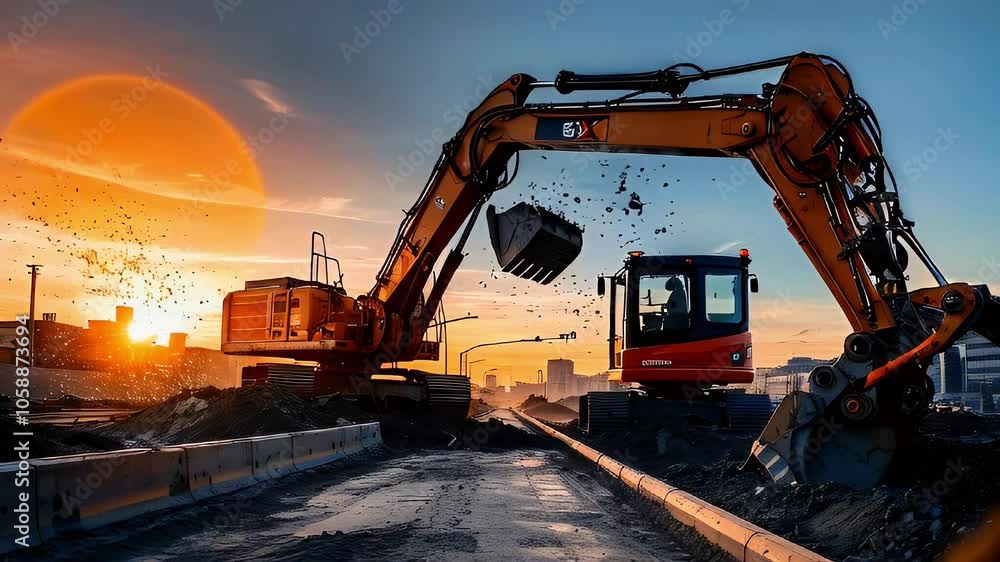Two excavators working on a construction site at sunset. Two excavators working on a construction site at sunset.