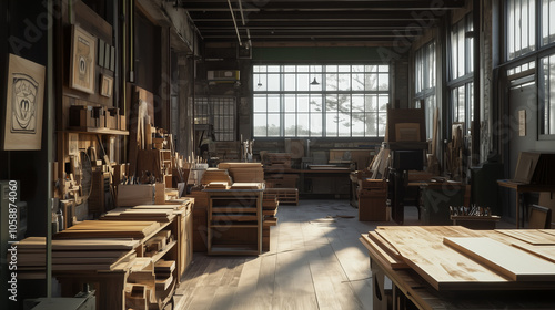 Natural sunlight fills a woodworking studio, casting a warm glow over the lumber and tools, creating an inviting ambiance