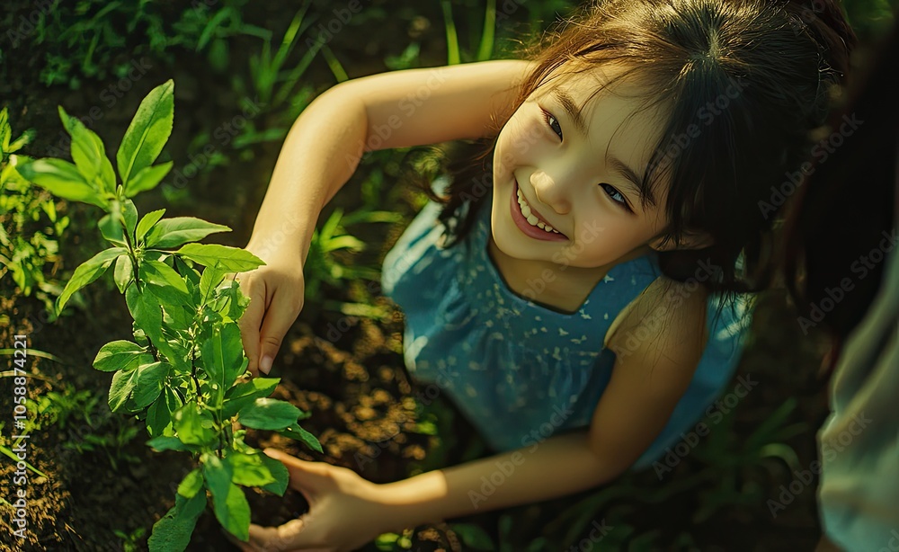 an Asian girl planting trees with her mother an Asian girl planting trees with her mother