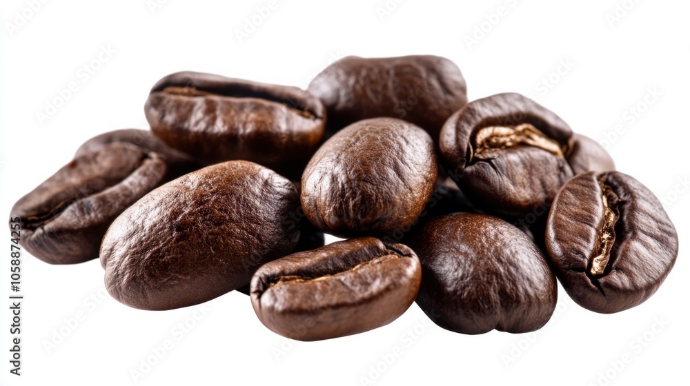 Fototapeta premium Cluster of coffee beans with a glossy finish and warm, roasted colors, isolated on transparent background