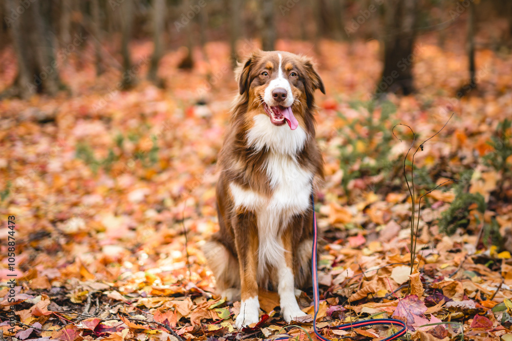brown tricolor australian shepherd dog in fall season brown tricolor australian shepherd dog in fall season
