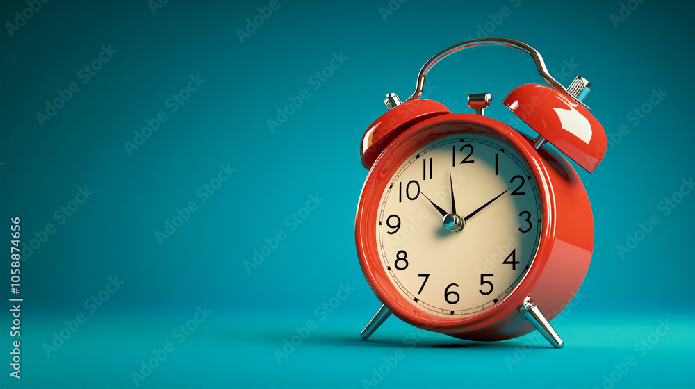Close-up of classic alarm clock in red with blue background