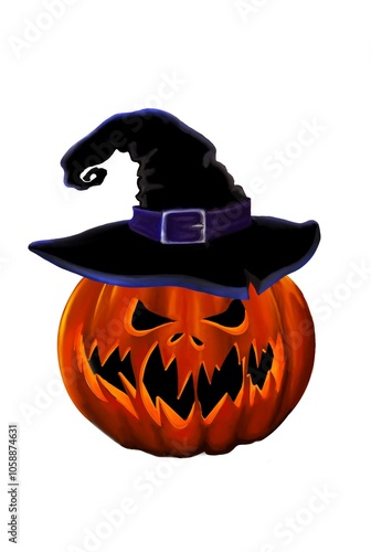 halloween pumpkin with witch hat on white background. Jack o lantern. Trick or treat.