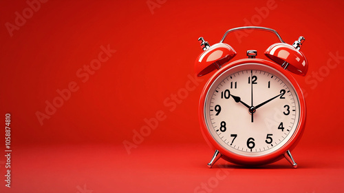 Image of Classic Red Alarm Clock on Red Background