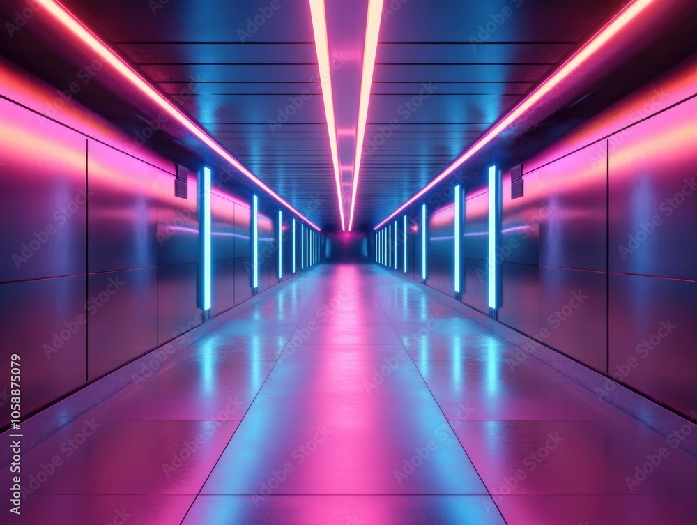 Abstract, futuristic corridor with neon lights in pink and blue shades. Abstract, futuristic corridor with neon lights in pink and blue shades.