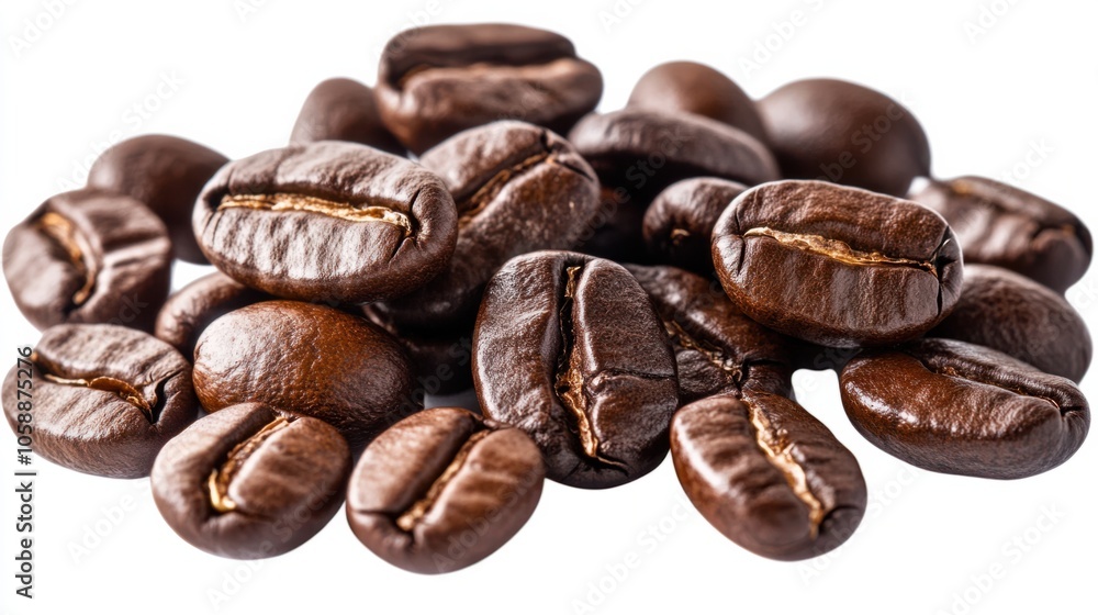 Glossy roasted coffee beans, symbolizing bold flavor, with a dark, natural finish, isolated on transparent background Glossy roasted coffee beans, symbolizing bold flavor, with a dark, natural finish, isolated on transparent background