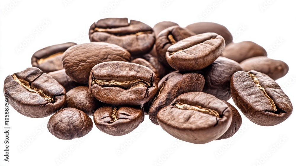 Glossy roasted coffee beans with detailed texture, capturing natural beauty, isolated on transparent background Glossy roasted coffee beans with detailed texture, capturing natural beauty, isolated on transparent background