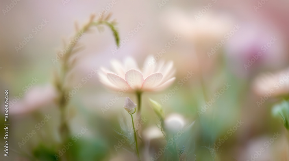 A close up of a field of flowers with a pink flower in the foreground A close up of a field of flowers with a pink flower in the foreground