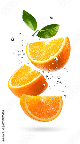 Fresh cut orange slices floating in the air, isolated on white background 