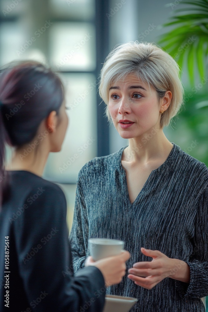 Two professional women engaged in a discussion during a work meeting in an office. Two professional women engaged in a discussion during a work meeting in an office.