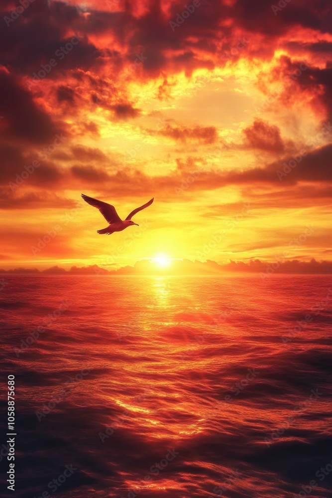 Fototapeta premium Bird Flying Over Ocean Sunset