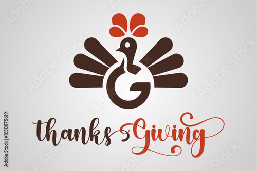 A vector illustration and logo of a Thanksgiving turkey creatively shaped to form the letter 