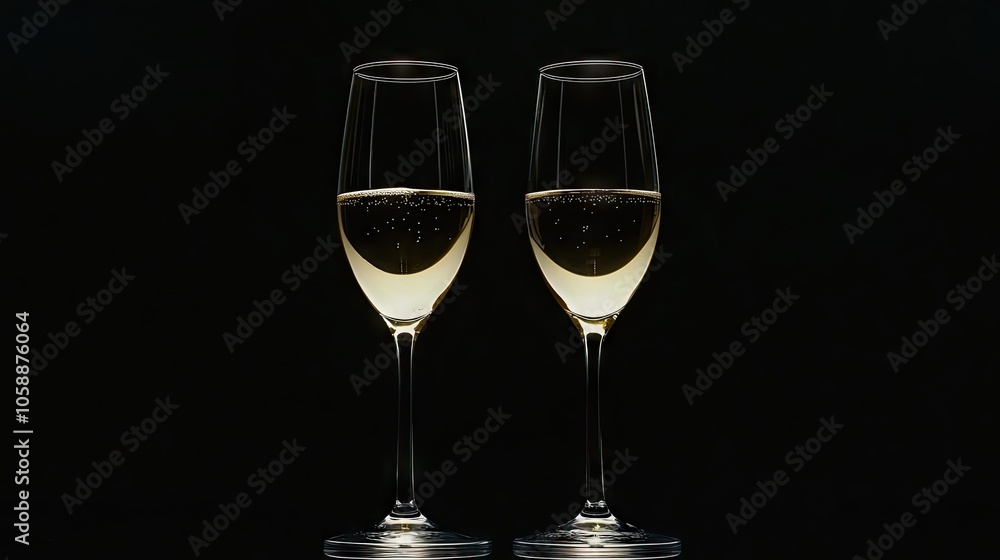 Elegant presentation of two glasses filled with champagne, set against a sleek black background. The sparkling white wine catches the light beautifully, ideal for celebrations. Elegant presentation of two glasses filled with champagne, set against a sleek black background. The sparkling white wine catches the light beautifully, ideal for celebrations.