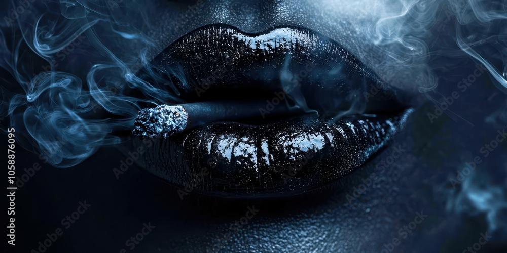 A woman is smoking a cigarette and the smoke is coming out of her mouth A woman is smoking a cigarette and the smoke is coming out of her mouth