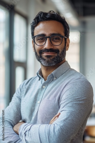 A confident bearded man with glasses smiling in a modern office setting, dressed professionally for work.