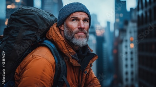 A bearded man stands amidst an urban backdrop, wearing winter gear that complements the city vibe, exuding determination and readiness for exploration.