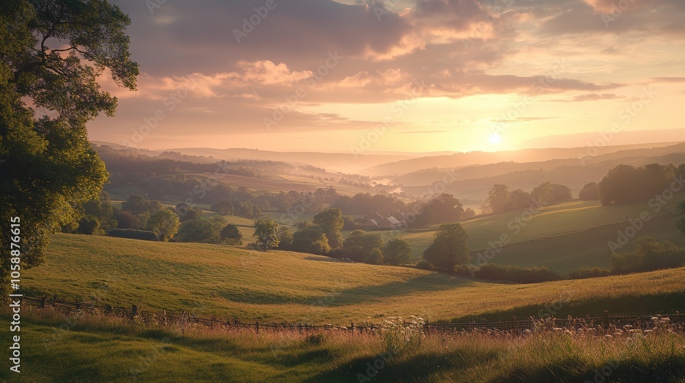 Golden sunset over rolling hills in a serene landscape, captured during late evening in a rural area Golden sunset over rolling hills in a serene landscape, captured during late evening in a rural area