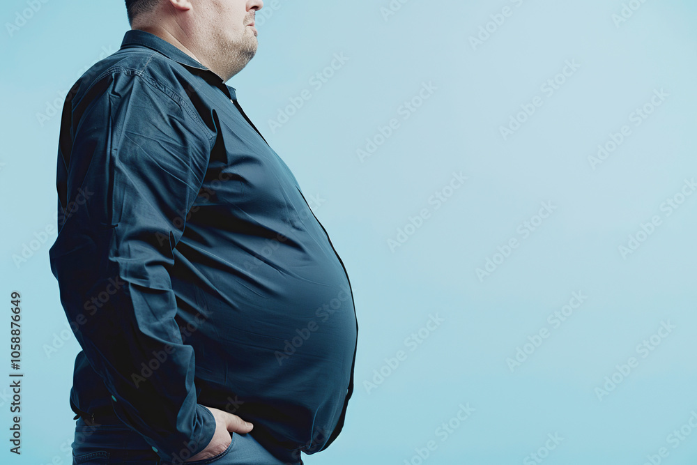 Obesity man wearing a black shirt stands against a light blue background. Copy space Obesity man wearing a black shirt stands against a light blue background. Copy space