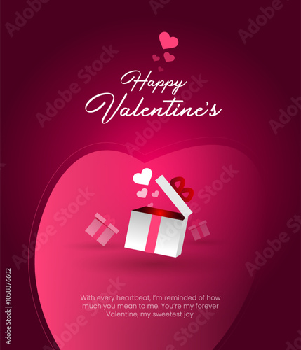 Happy Valentine's Day poster design background with gift box and heart decorate on stage and grating valentines calligraphy