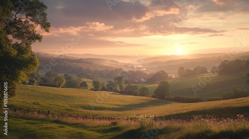 Golden sunset over rolling hills in a serene landscape, captured during late evening in a rural area