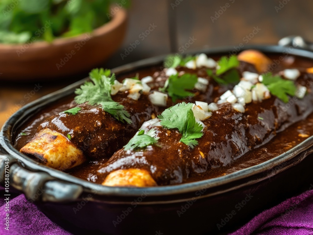 Traditional Mexican dish with meat filling covered in chili sauce and sprinkled with cilantro. Traditional Mexican dish with meat filling covered in chili sauce and sprinkled with cilantro.