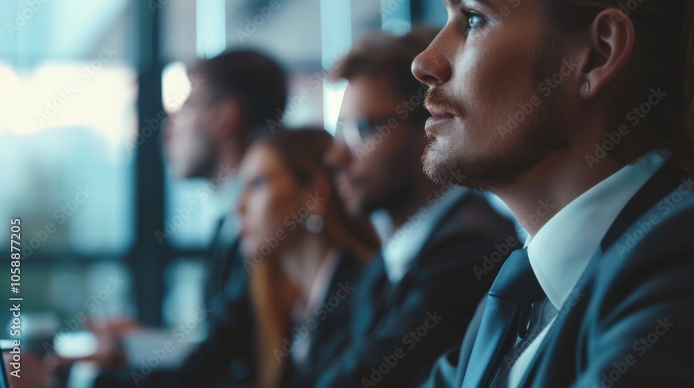 Men in suits at conference table with laptops and papers. Men in suits at conference table with laptops and papers.