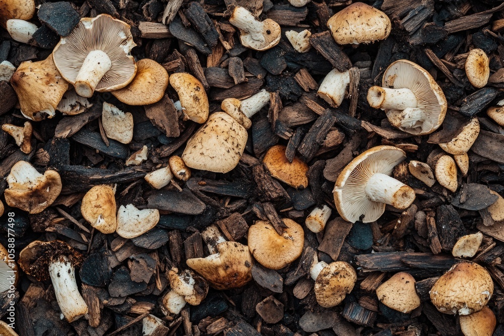 Various wild mushrooms with spores on top of a bed of wood chips. Various wild mushrooms with spores on top of a bed of wood chips.