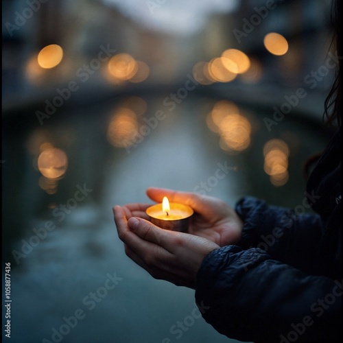 person with candle in his hands praying for flood victims