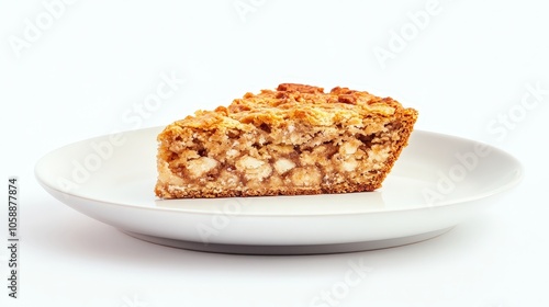 Delicious slice of homemade apple crumble pie on white plate