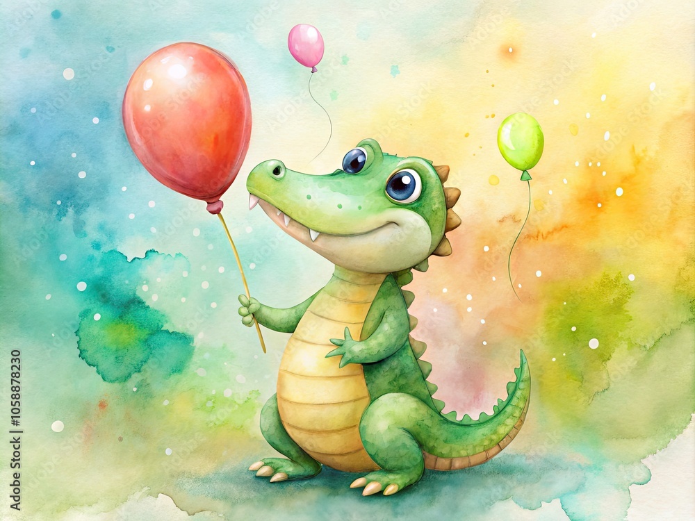 Fototapeta premium Playful Baby Crocodile with Balloon - Whimsical Watercolor Illustration for Children's Designs
