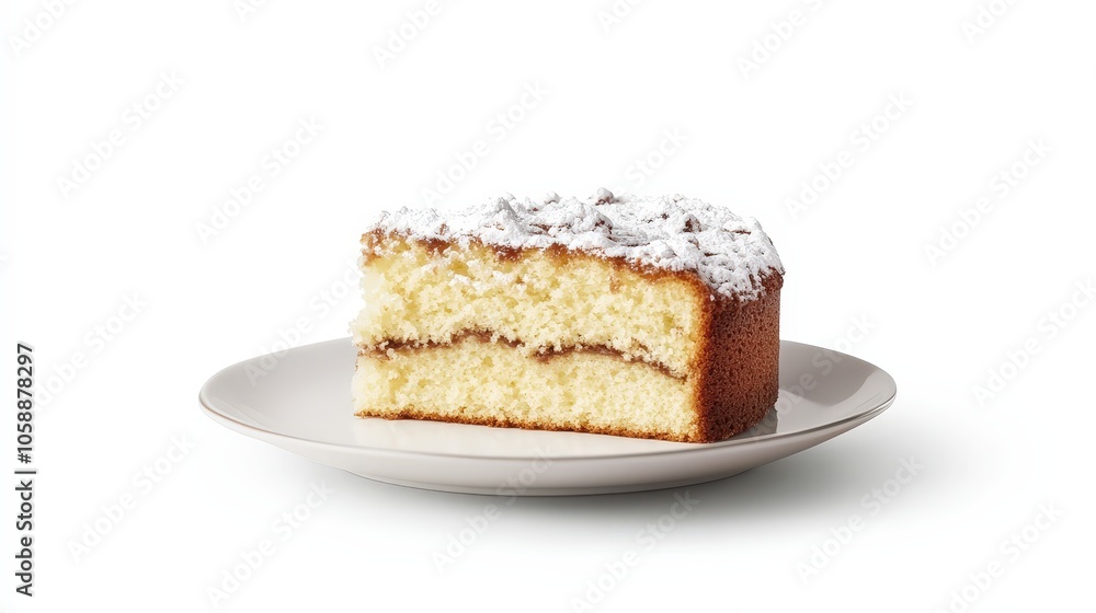 Delicious slice of layered sponge cake with powdered sugar topping on white plate Delicious slice of layered sponge cake with powdered sugar topping on white plate