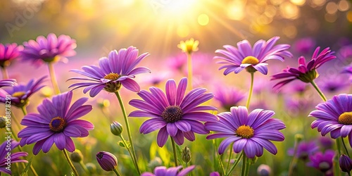 A Field of Purple Flowers Bathed in Warm Sunlight, Their Petals Unfurling in a Symphony of Delicate Beauty