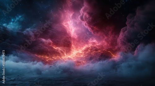 A captivating cosmic explosion with intense red and blue hues lighting up a cloudy sky, evoking the grandeur and mystery of the universe's untamed forces.