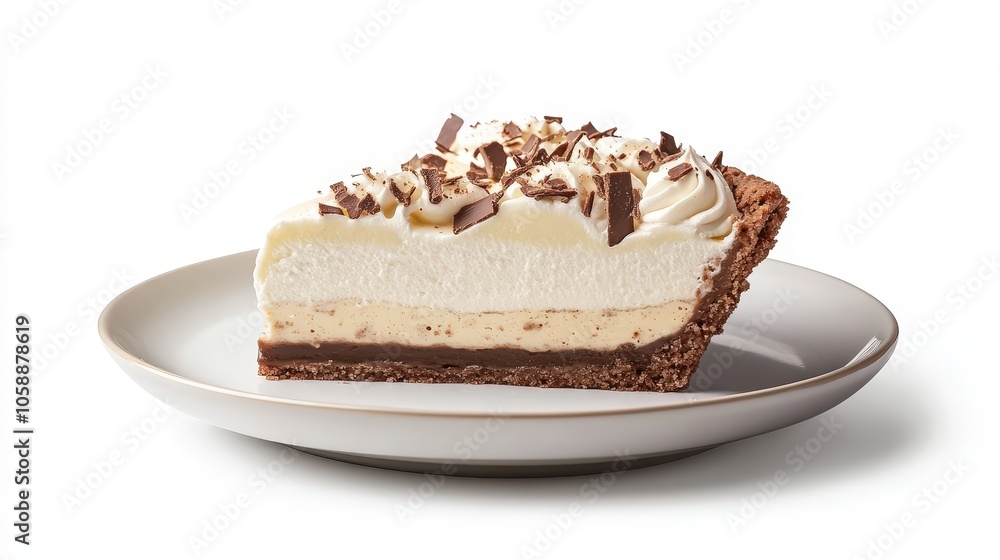 Decadent chocolate cream pie slice on neutral plate with whipped topping and shavings Decadent chocolate cream pie slice on neutral plate with whipped topping and shavings