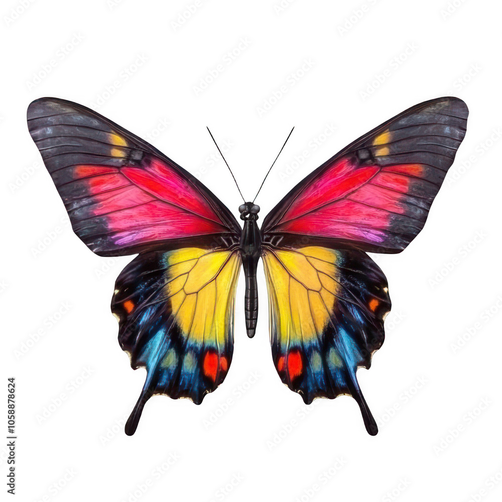 Photo of a vibrant isolated butterfly in different collors hues, highly detailed wings on a transparent background Photo of a vibrant isolated butterfly in different collors hues, highly detailed wings on a transparent background