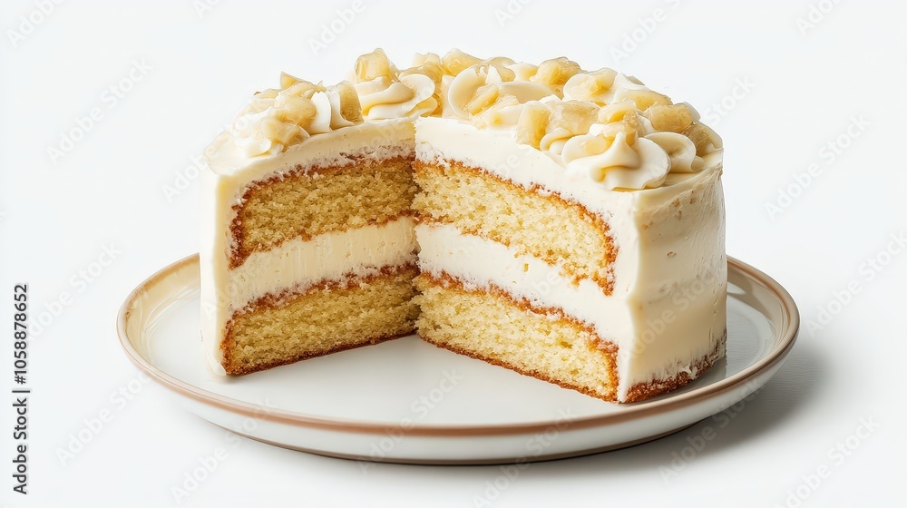 Delicious vanilla layer cake with creamy frosting and almond garnish on a plate Delicious vanilla layer cake with creamy frosting and almond garnish on a plate