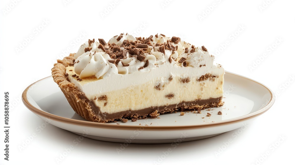 Delicious cream pie slice with chocolate shavings on a plate Delicious cream pie slice with chocolate shavings on a plate