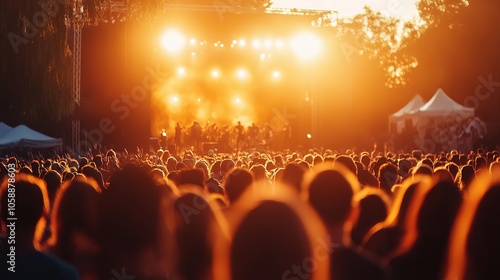 A lively summer music festival with a large audience enjoying the performance amidst scenic mountain views at sunset