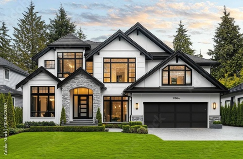 a modern home in Vancouver, with a white and grey exterior and large windows. The front view shows a green grass lawn and a black garage door.