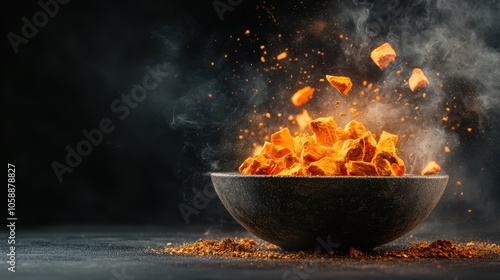 A dynamic and vibrant image showcasing an explosion of fiery orange spices suspended in the air, surrounded by swirling smoke, against a dark backdrop.