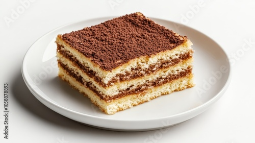 Delicious classic tiramisu slice on white plate with cocoa topping